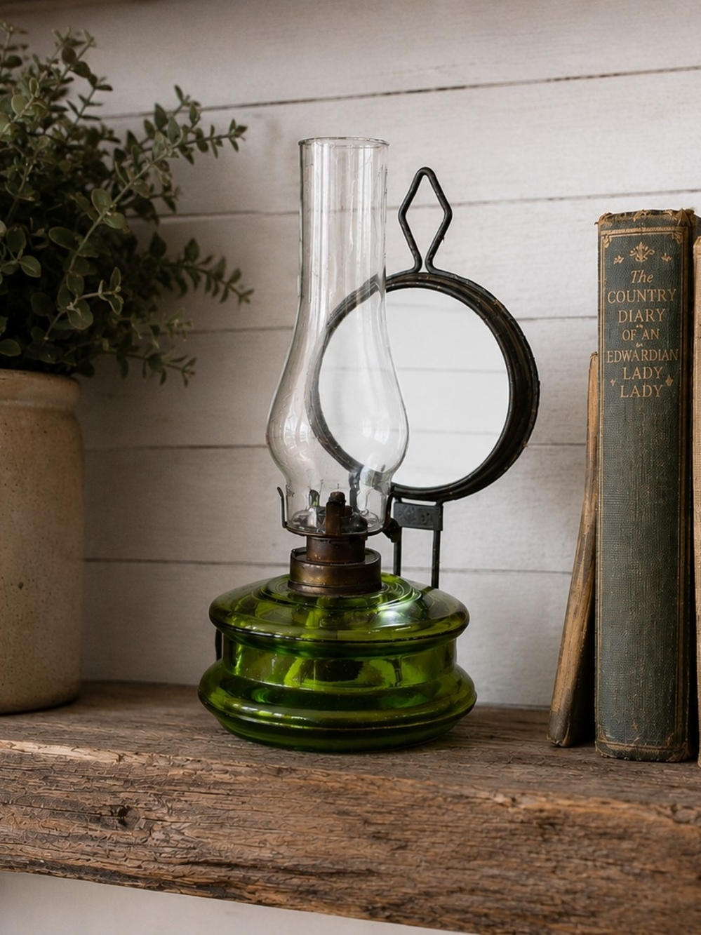 Vintage-Style Green Glass Oil Lamp with Metal Handle